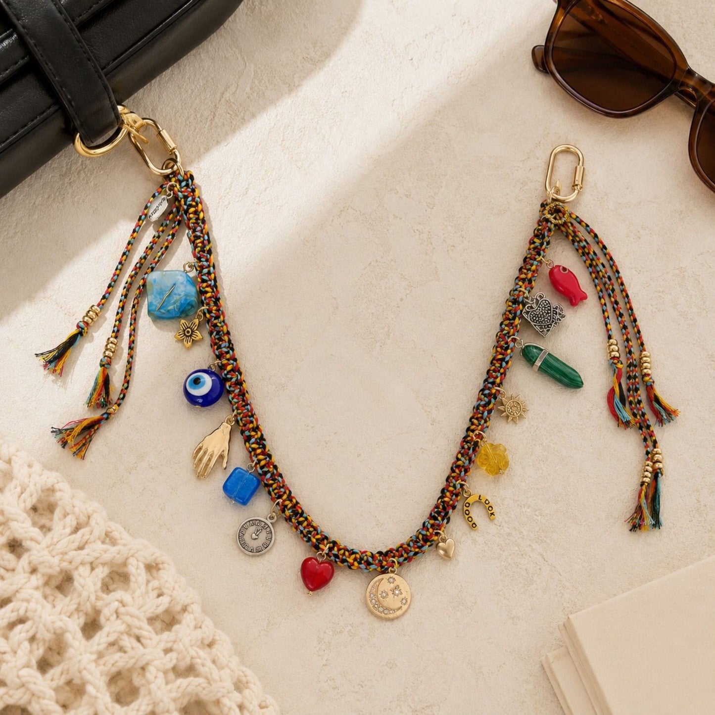 Boho Bag Charm Chain Multicolor Woven Purse Accessory with Tassels and Charms
