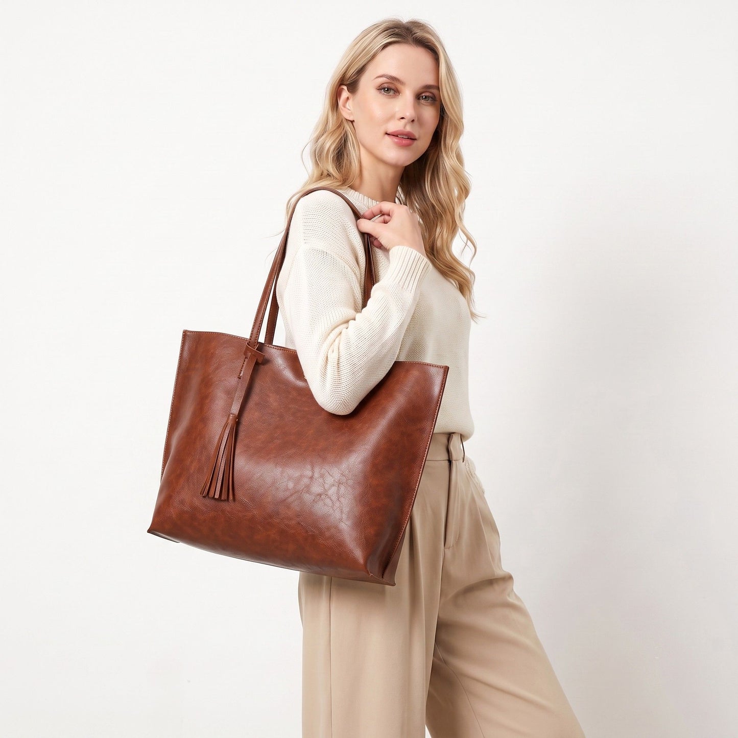 Large Faux Leather Shoulder Tote Bag with Tassel and Magnetic Snap Closure