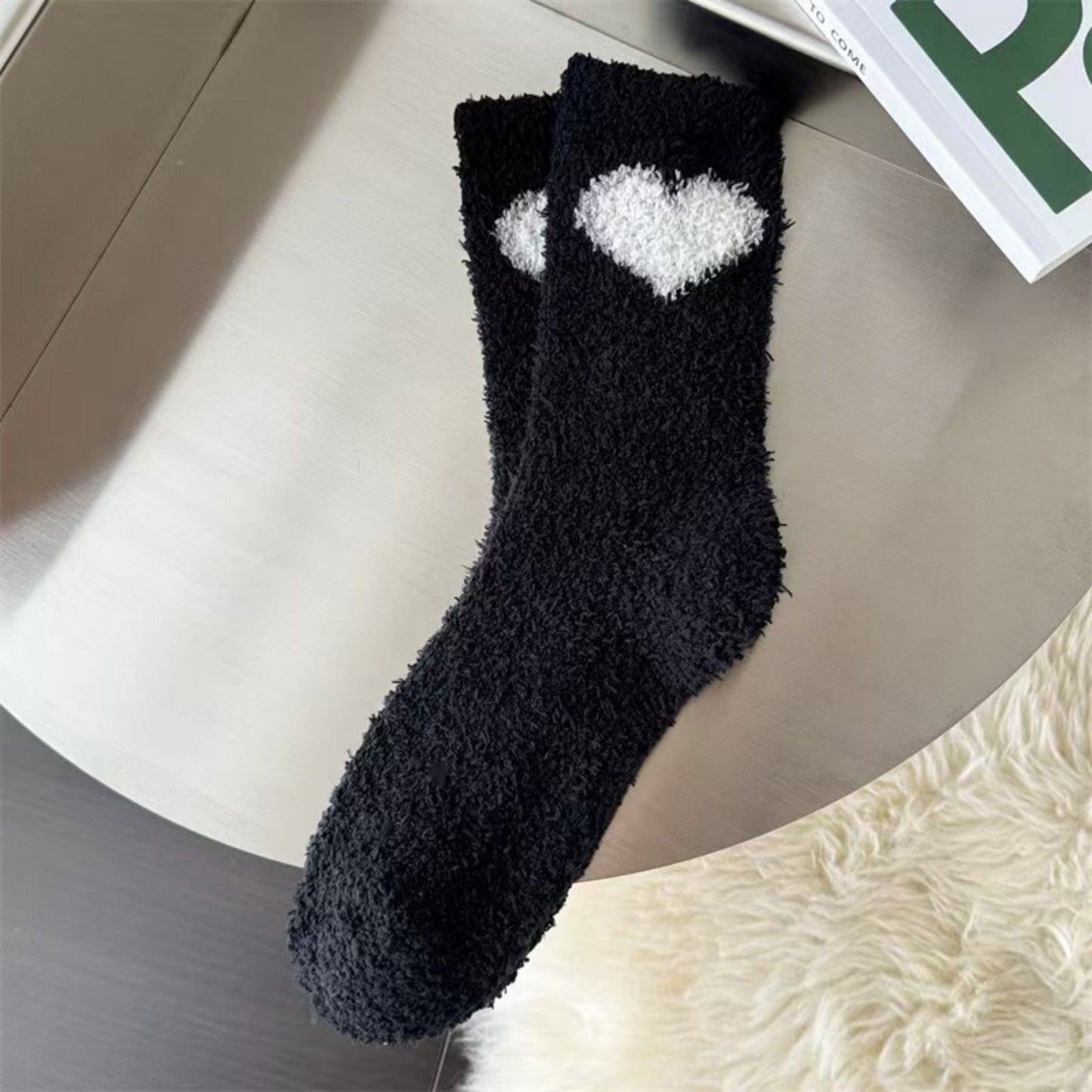 3-Pair Fuzzy Valentine Heart Knit Crew Socks Set with Soft Plush Texture, Stretchy Cozy Fabric, and Cute Heart Accent for Gifting