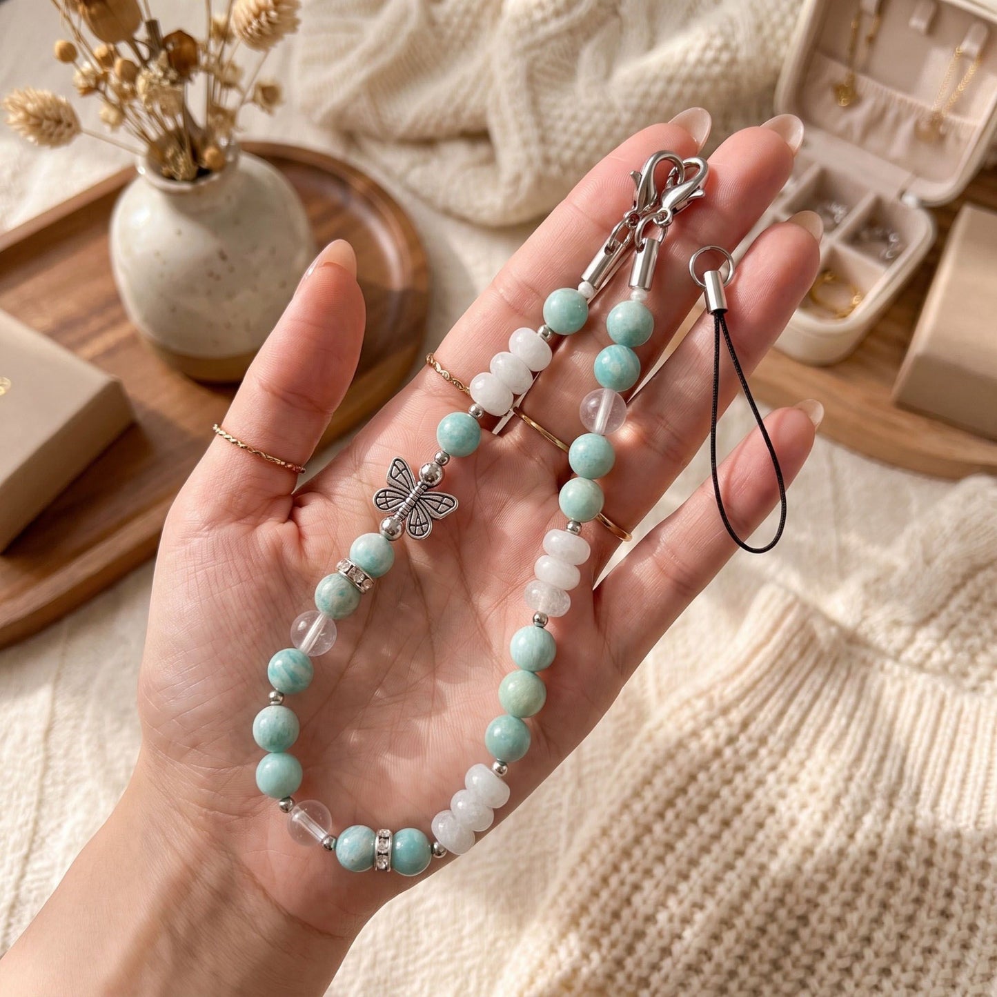 Beaded Phone Wrist Strap with Butterfly Charm