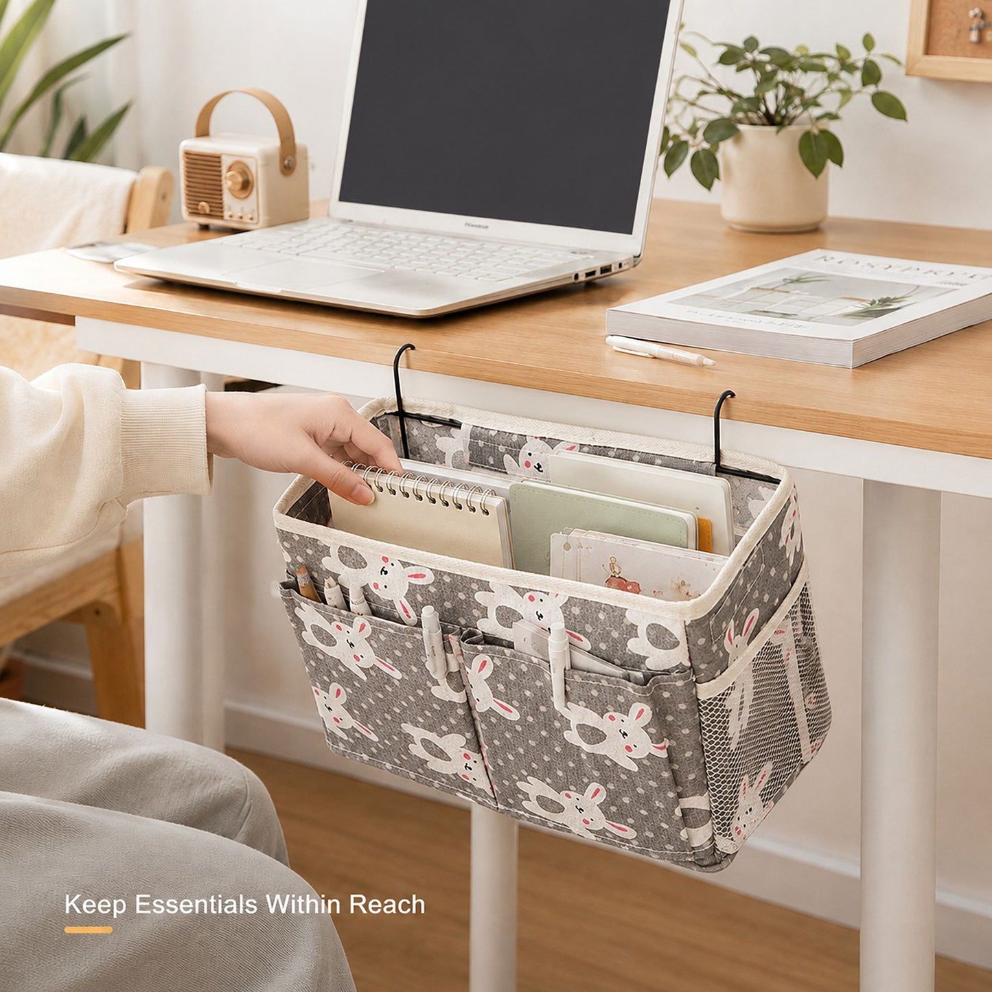Hanging Bedside Storage Caddy Bunny Print Organizer with Hooks and Multiple Pockets