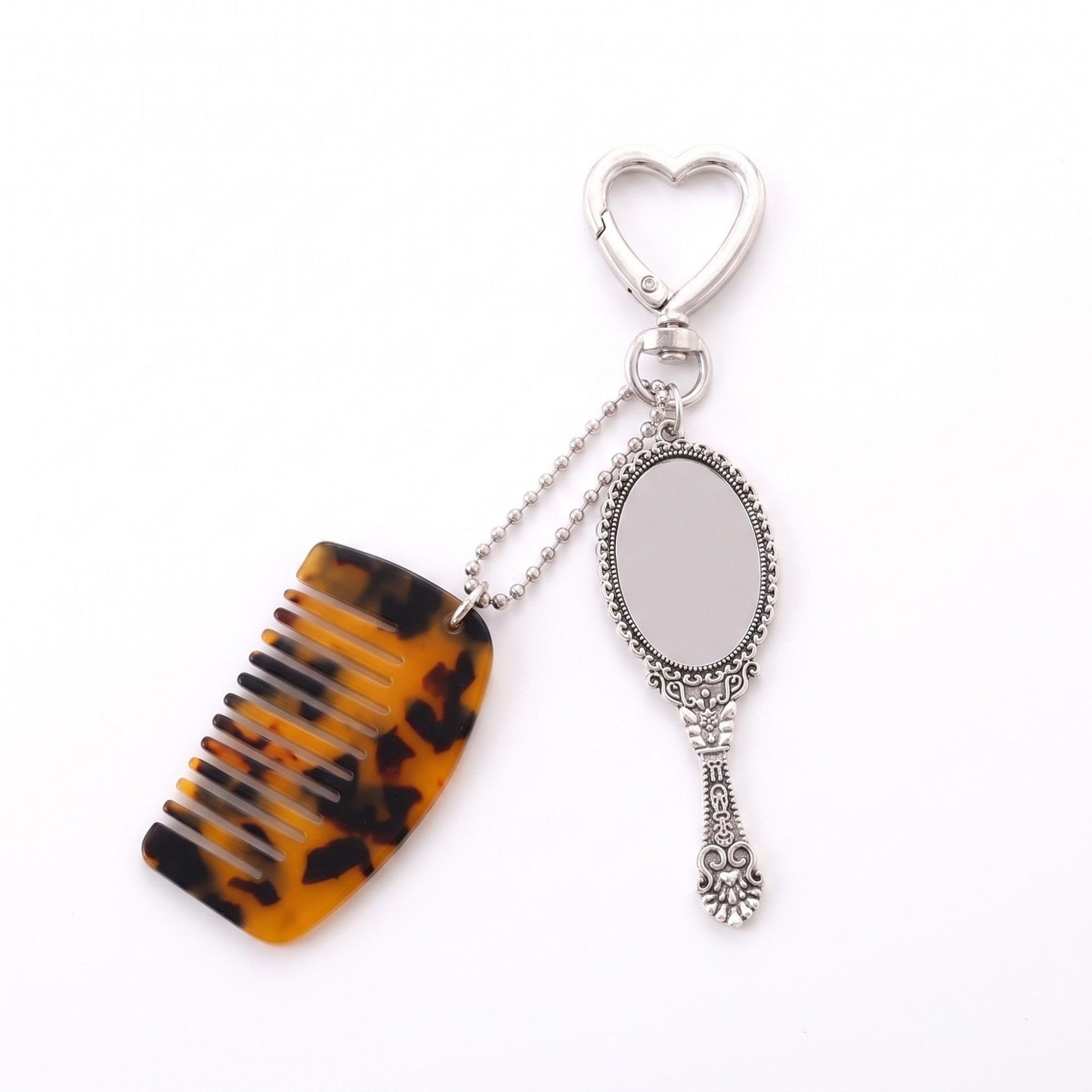 Mirror and Mini Comb Keychain Bag Charm with Heart Clip