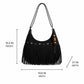 Suede-Like Fringe Hobo Shoulder Bag with Studded Star and Beaded Charm Details