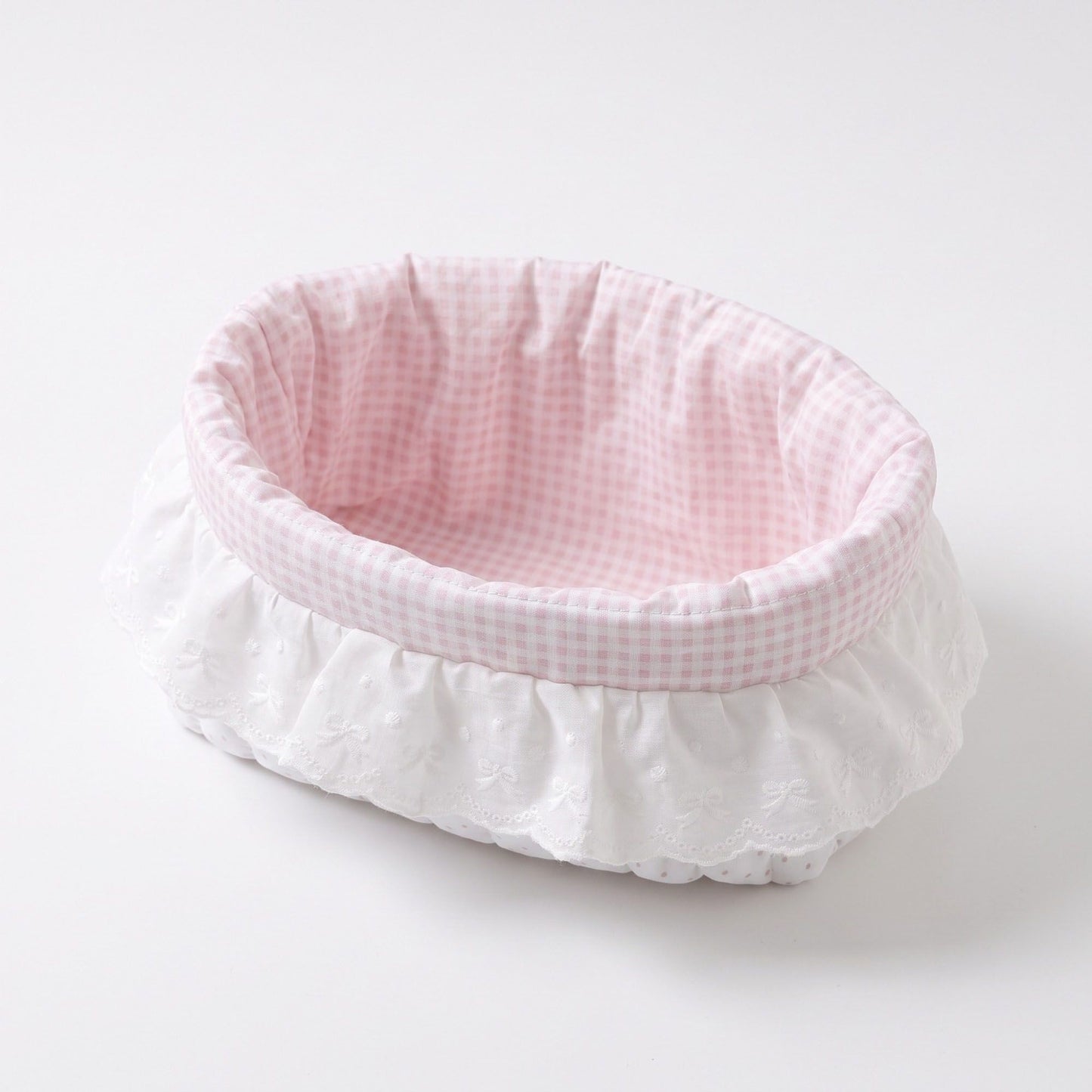 Pink Gingham Fabric Storage Basket with Lace Ruffle