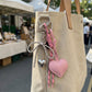 Heart Bag Charm Keychain with Beaded Bow Accent Clip and Faux Leather Heart Pendant
