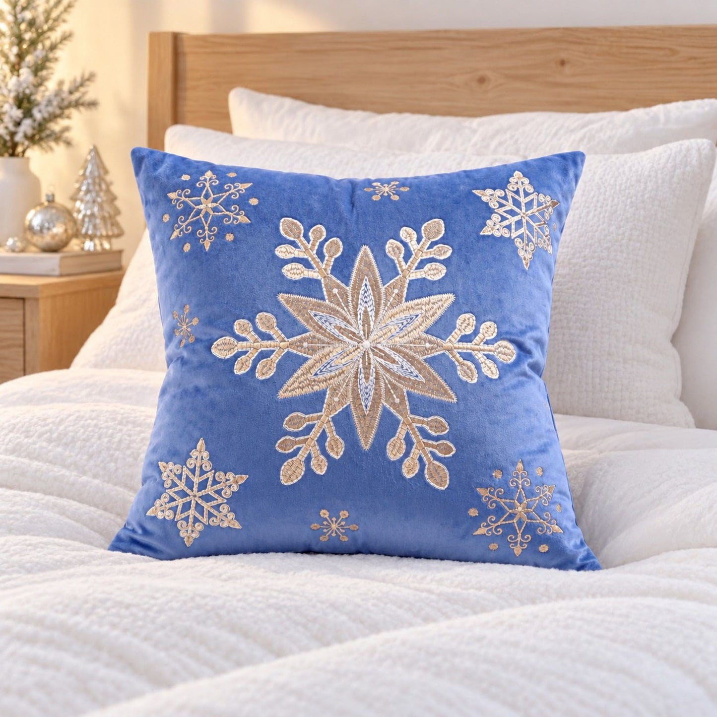 Snowflake Embroidered Decorative Throw Pillow Cover (Single Piece)