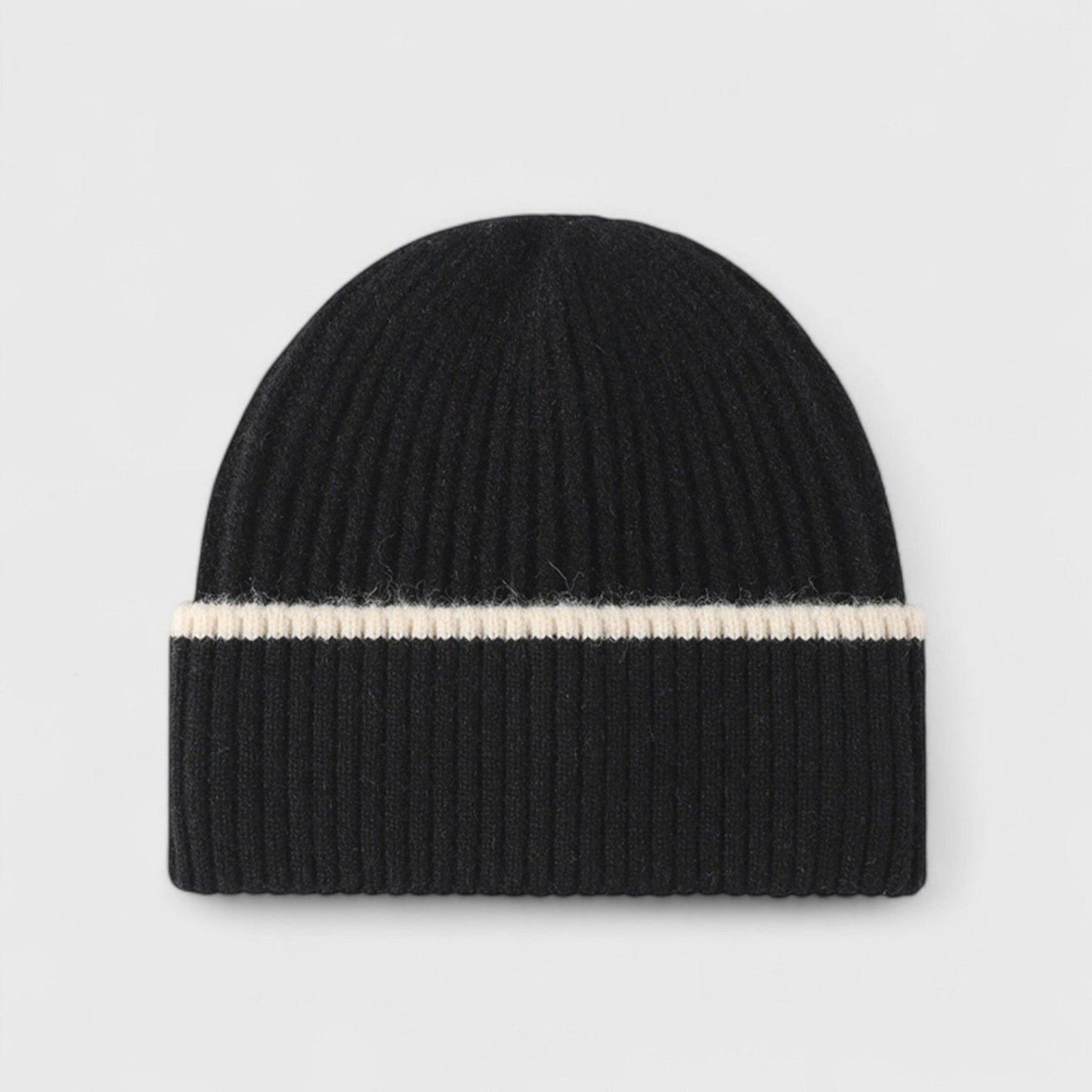 Ribbed Knit Beanie Hat with Contrast Trim and Folded Cuff
