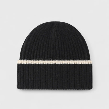Ribbed Knit Beanie Hat with Contrast Trim and Folded Cuff