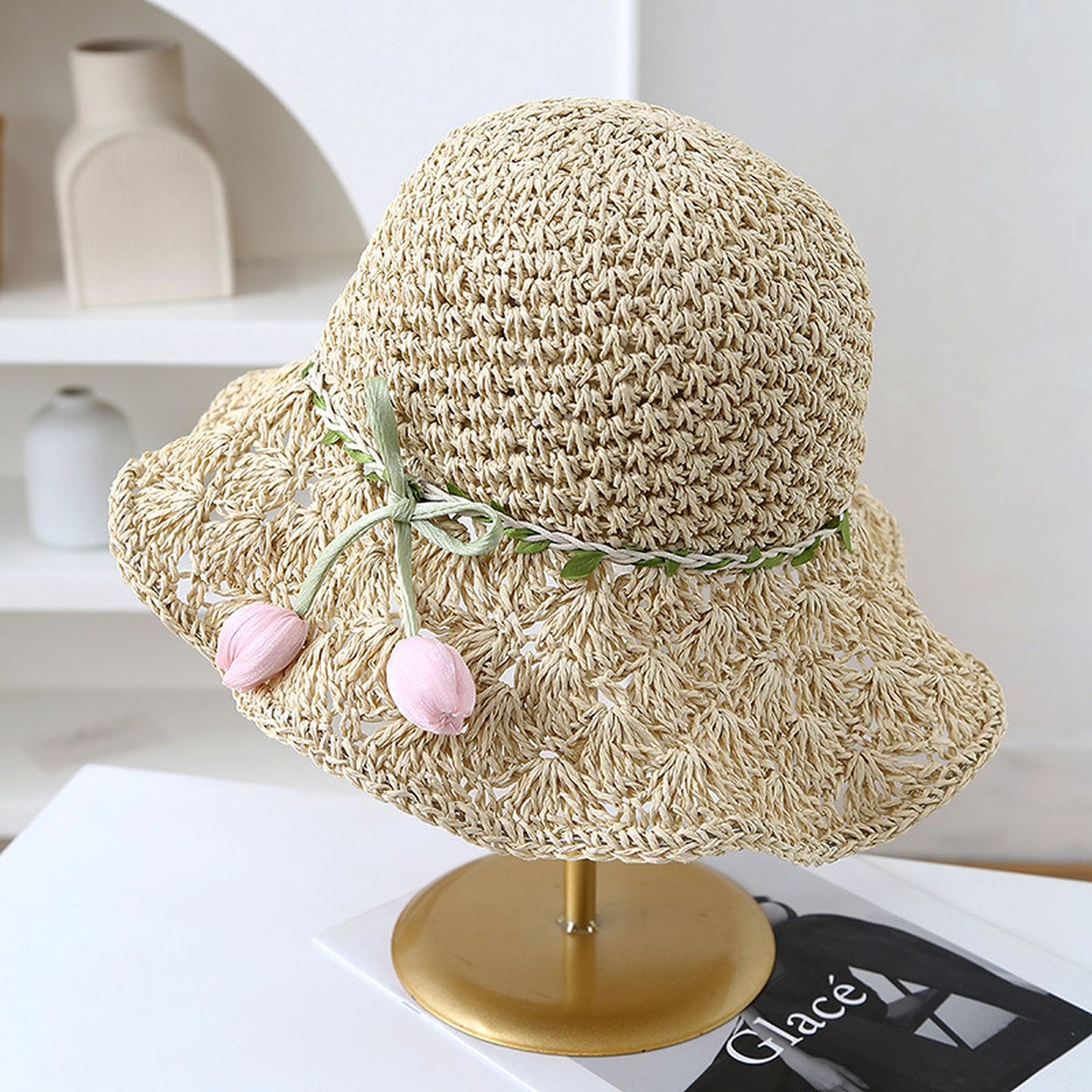 Hand - Crocheted Straw Sun Hat with Floral Accents