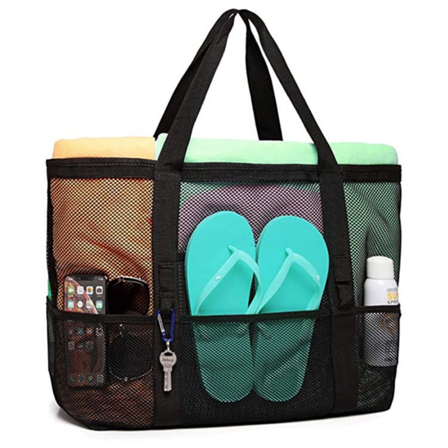 Mesh Beach Tote Bag Large Capacity Travel Shoulder Bag with Exterior Pockets Zipper Top Organizer