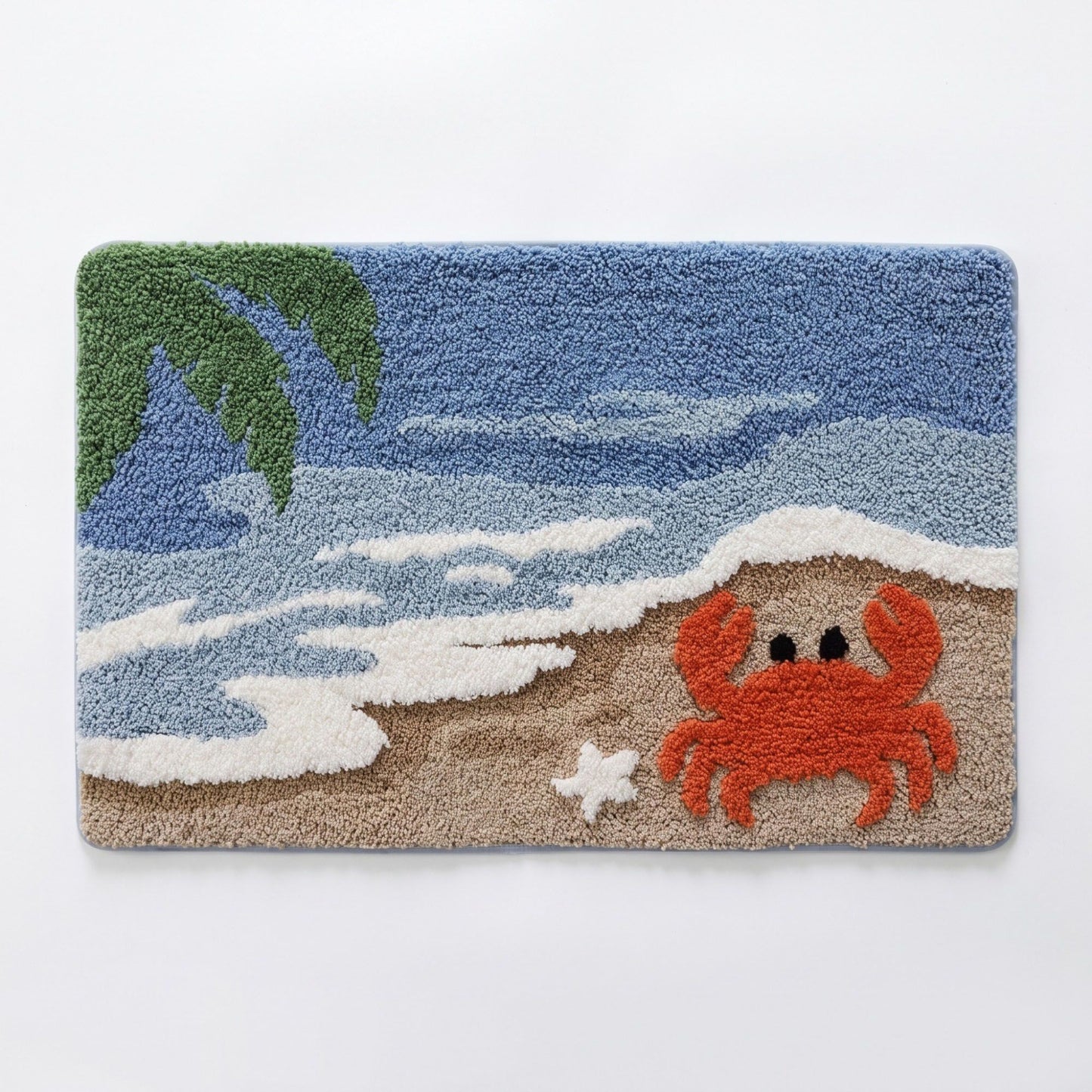 Coastal Ocean Wave Plush Bathroom Mat with Life Preserver and Seashell Design