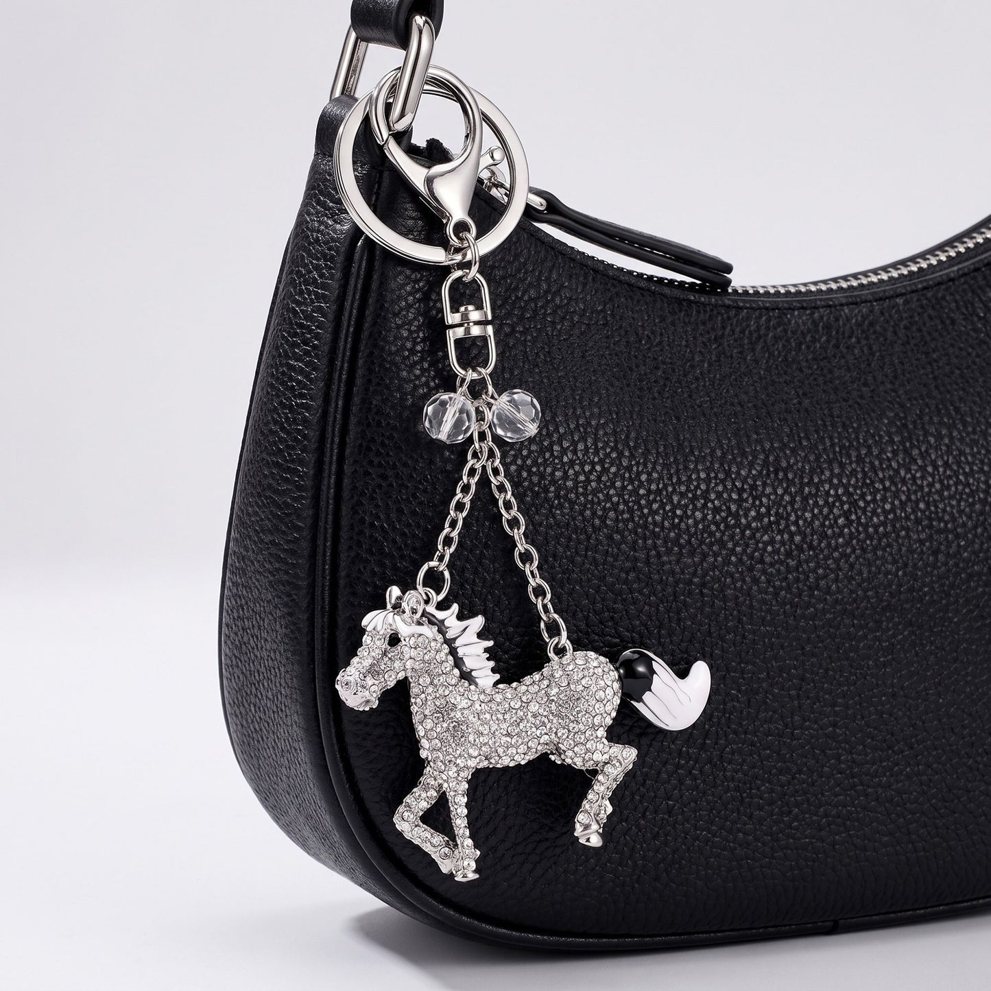 Horse Rhinestone Keychain Bag Charm with Silver Tone Clasp and Key Ring