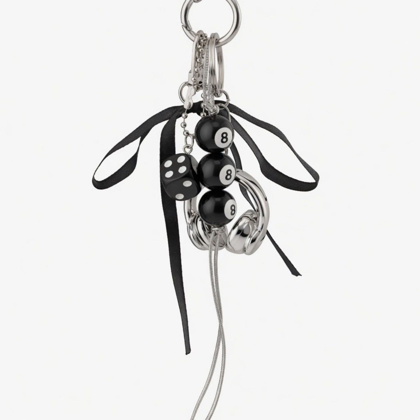 8 Ball Dice Charm Keychain with Headphone Pendant Ribbon Tassel Bag Charm Key Ring Accessory