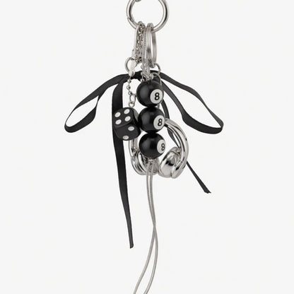 8 Ball Dice Charm Keychain with Headphone Pendant Ribbon Tassel Bag Charm Key Ring Accessory