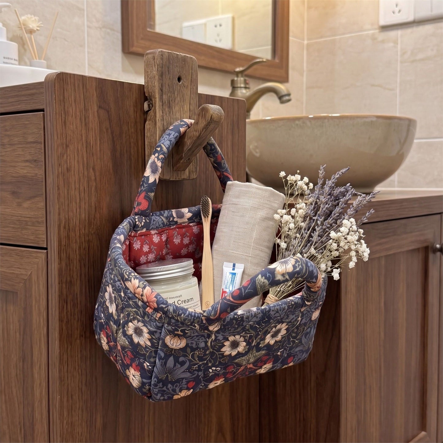 Floral Print Quilted Organizer Tote Bag with Multiple Pockets and Carry Handles