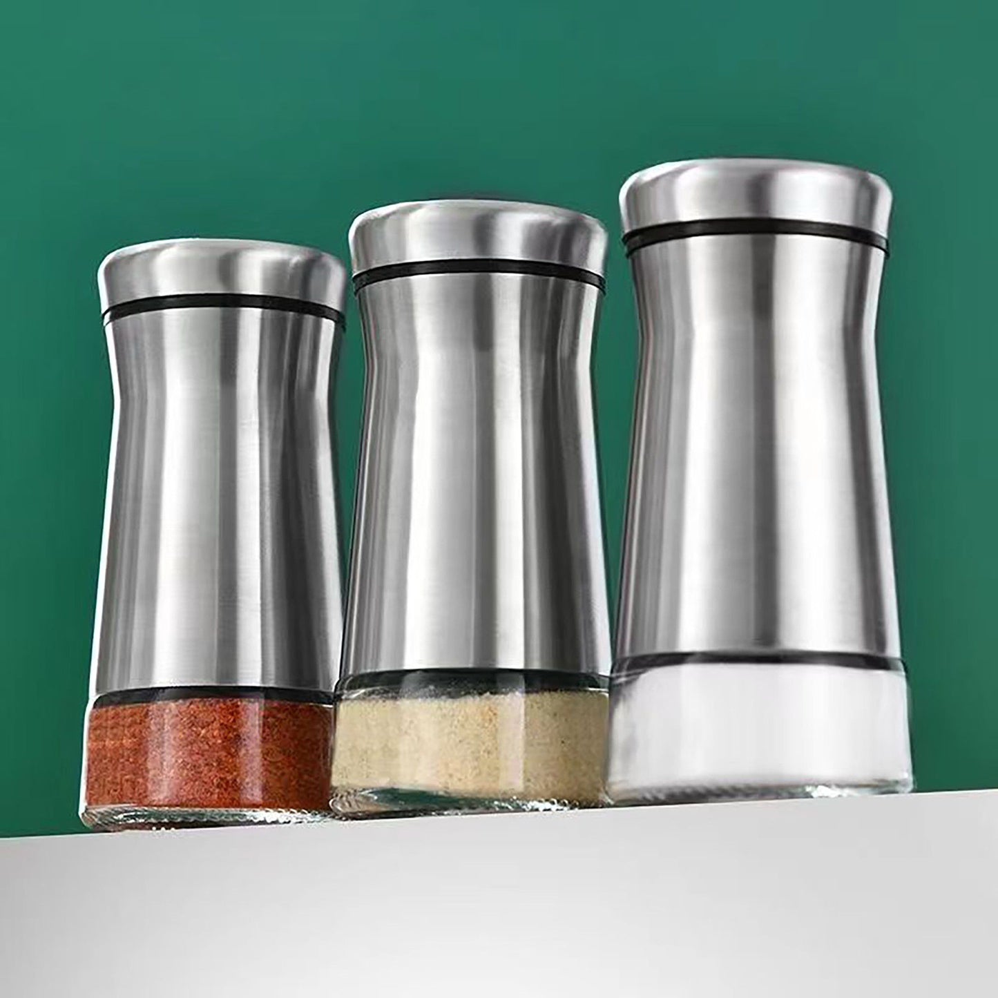 Stainless Steel Spice Shaker Jar with Glass Base and Dispensing Lid
