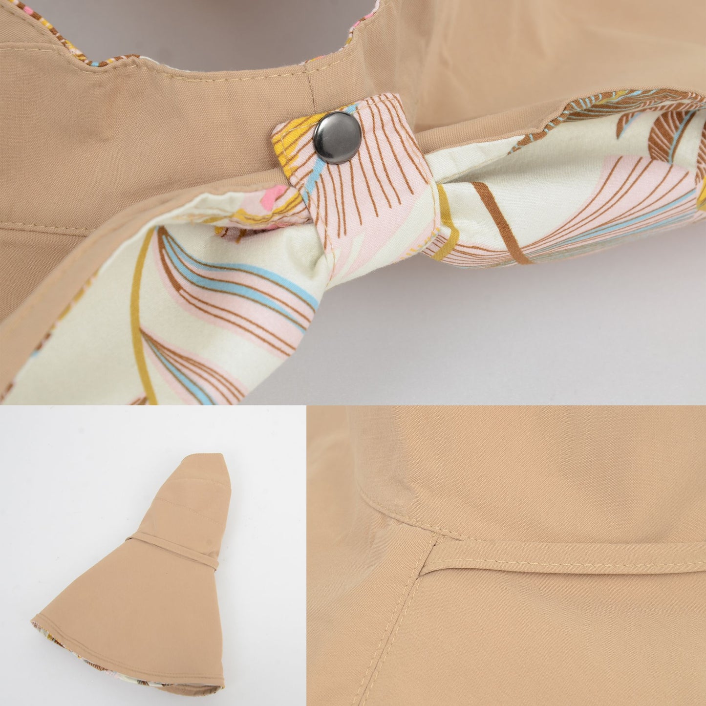 Wide Brim Sun Hat with Ponytail Hole Neck Tie Closure and Patterned Lining for UV Protection and Outdoor Style