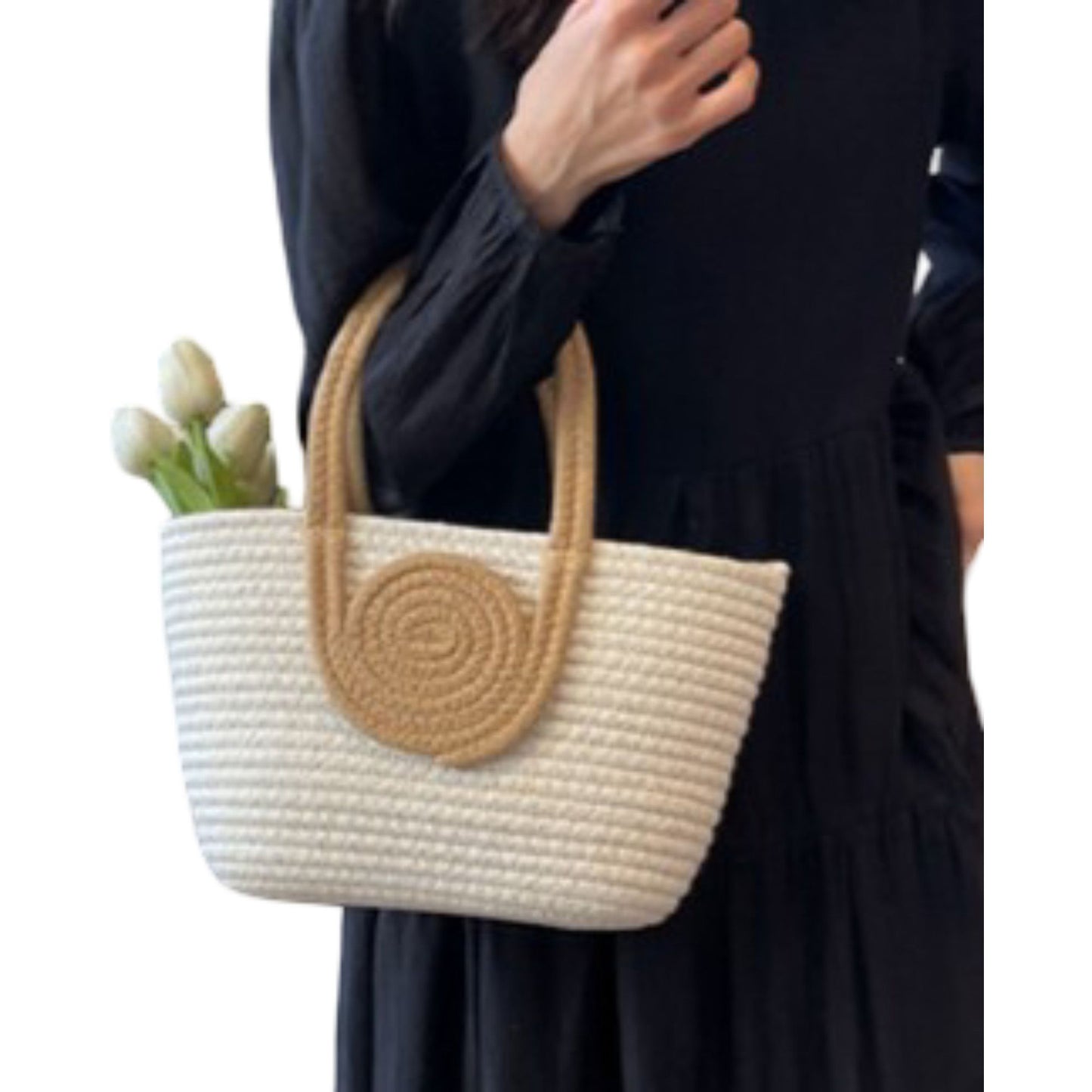 Woven Cotton Rope Handbag Open Top Handbag for Casual and Everyday Use