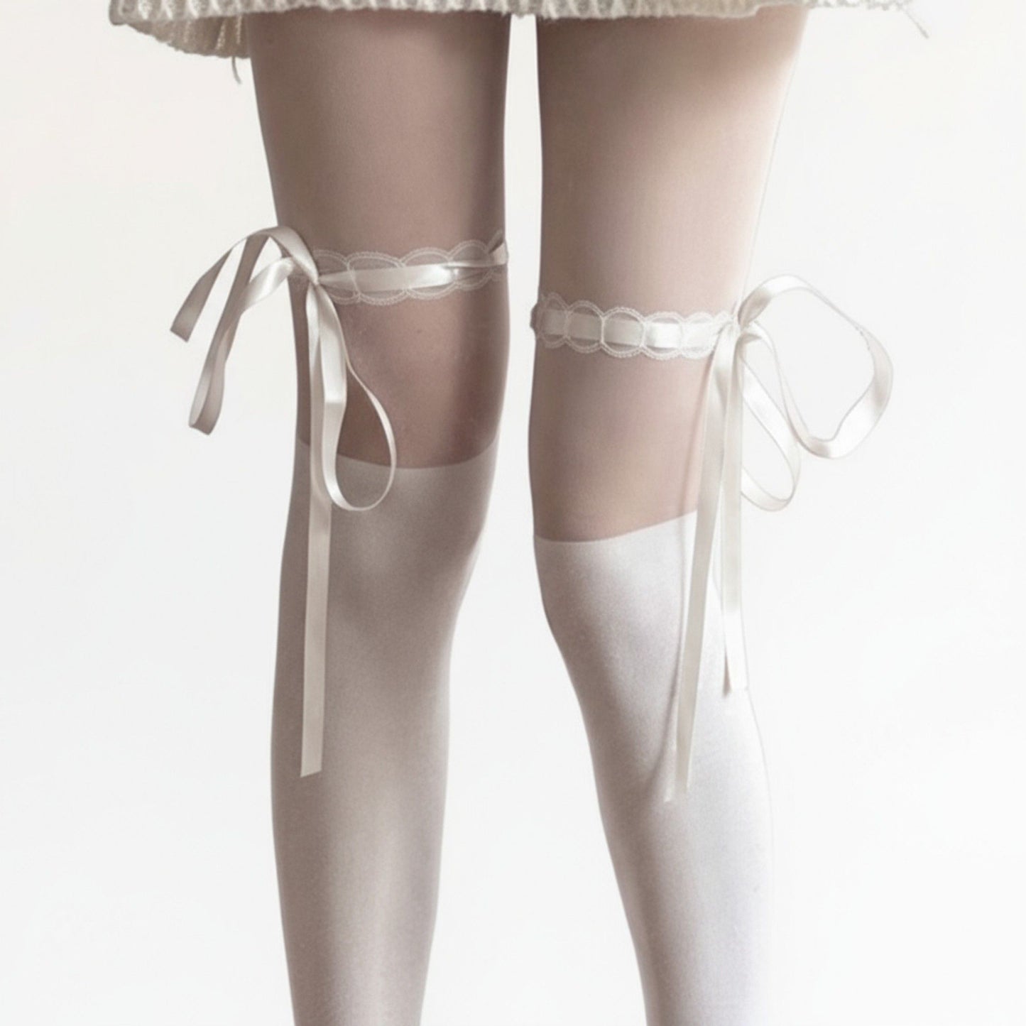 Sheer Over-the-Knee Tights with Satin Ribbon Bow and Scalloped Edge Design