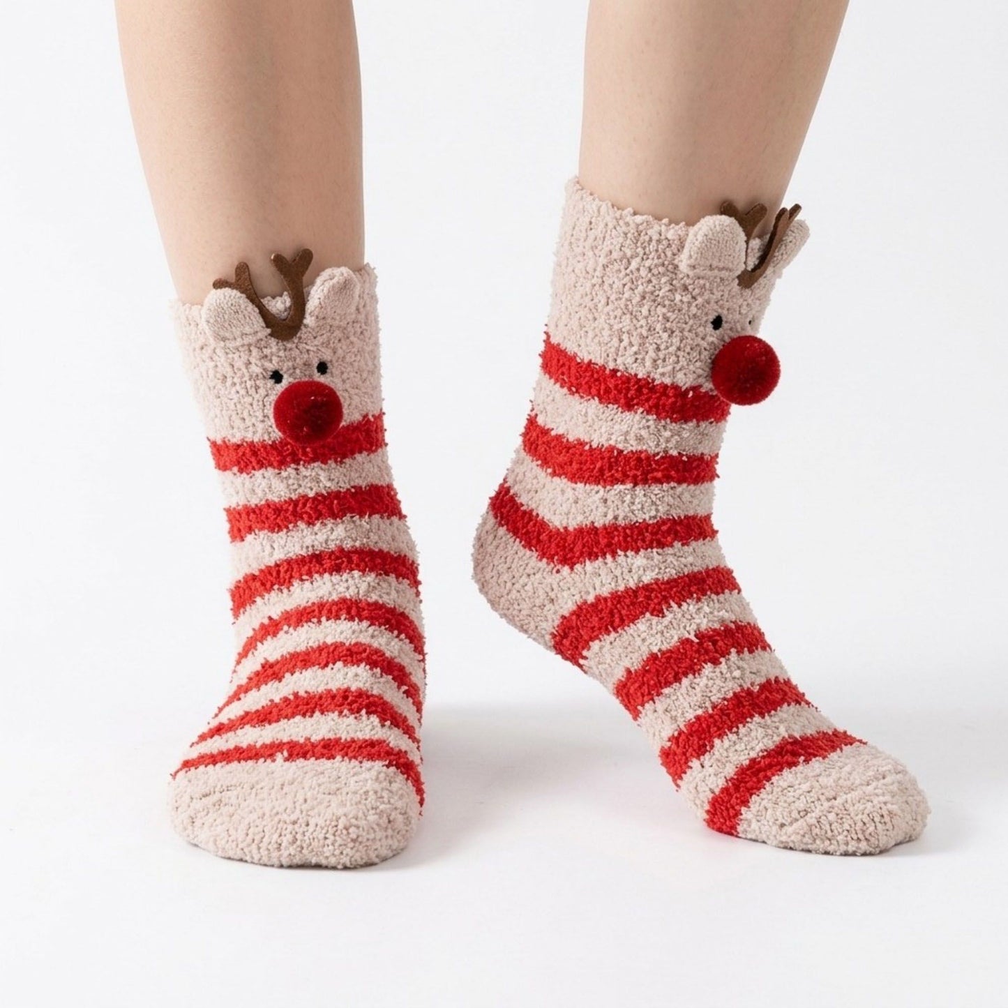Fuzzy Reindeer Crew Socks 2 Pair US 5-10.5
