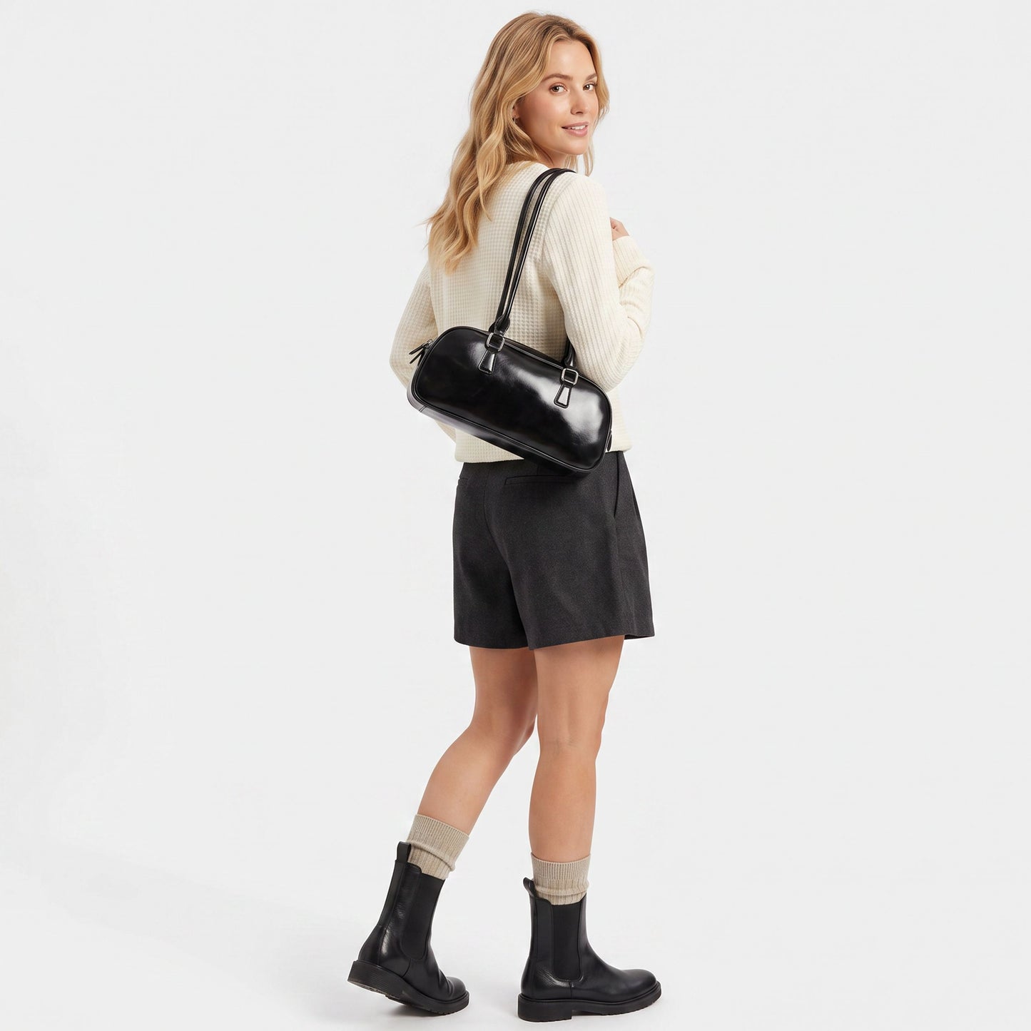 East West Faux Leather Bowler Shoulder Bag with Double Handles and Zip Closure