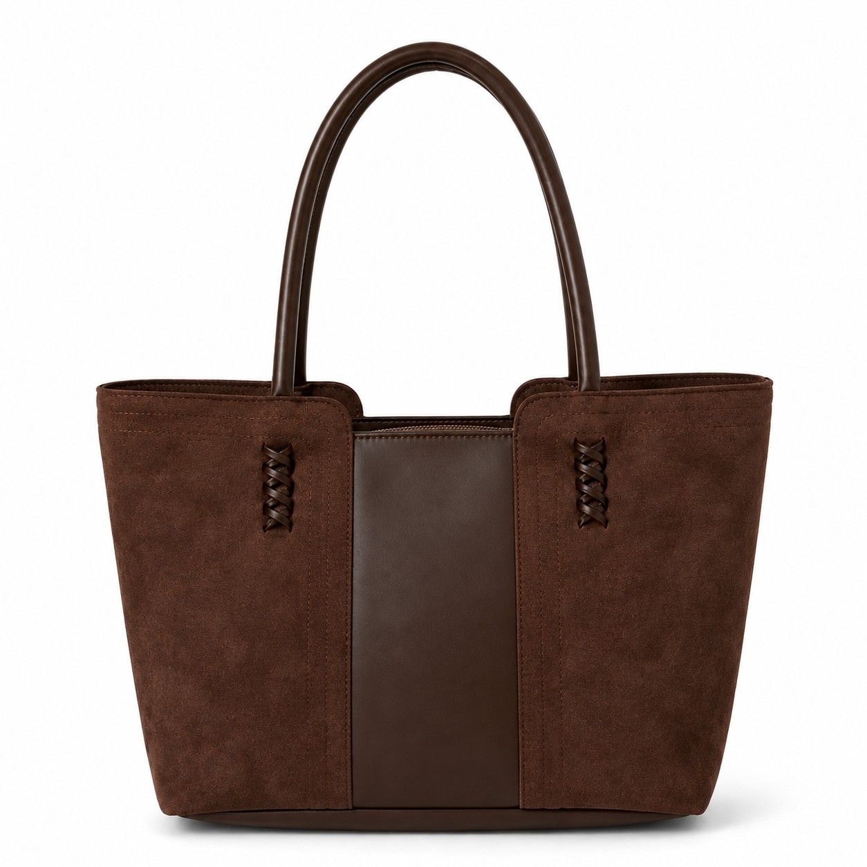 Faux Suede Tote Bag with Double Shoulder Handles Zip Closure and Interior Pockets