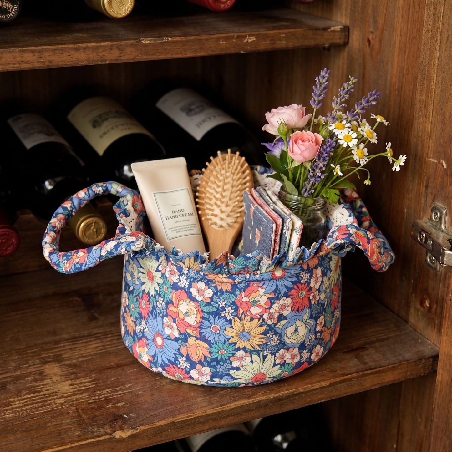 Floral Quilted Fabric Storage Basket with Carry Handles