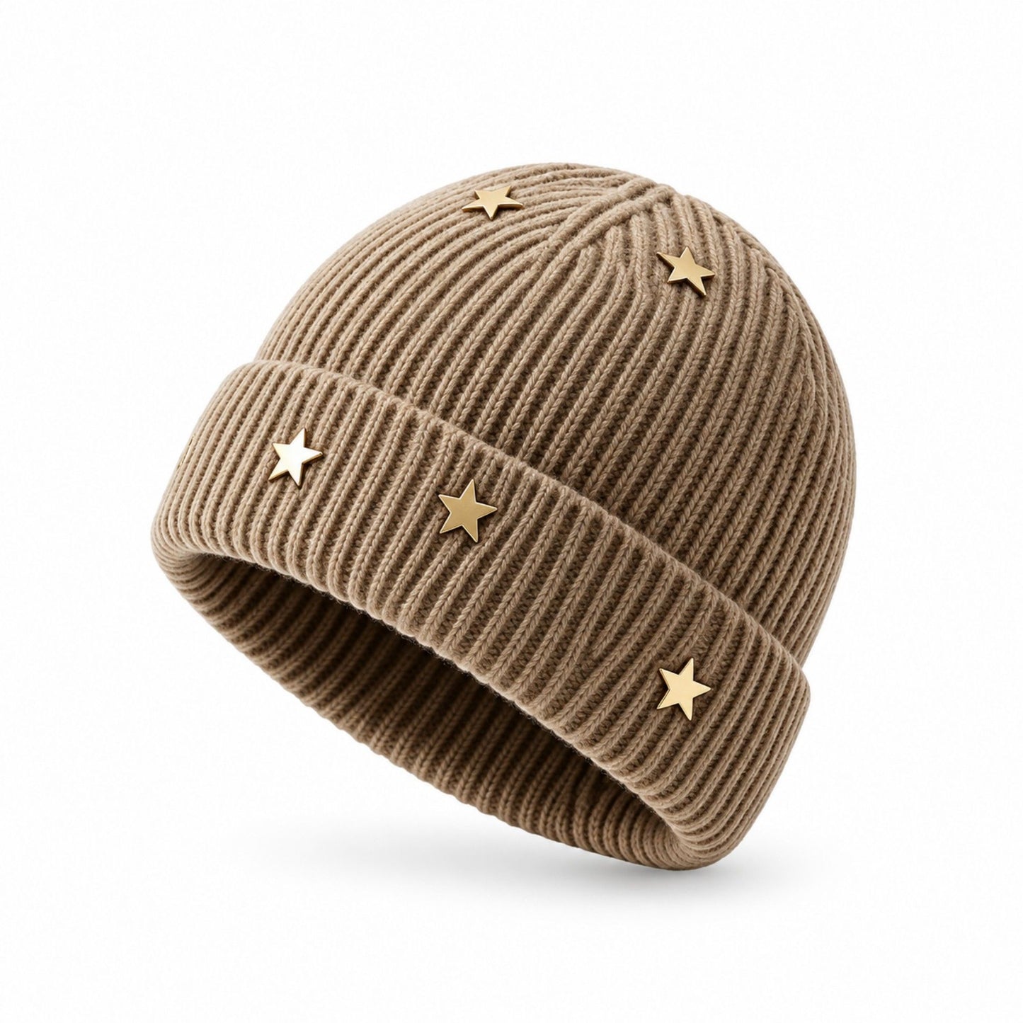 Star Stud Ribbed Knit Beanie Cuffed Winter Hat