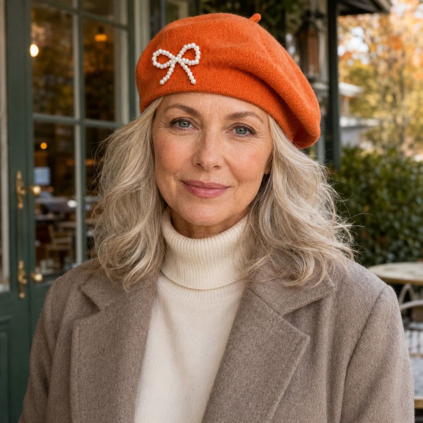 Pearl Bow Embellished Knit Wool Beret