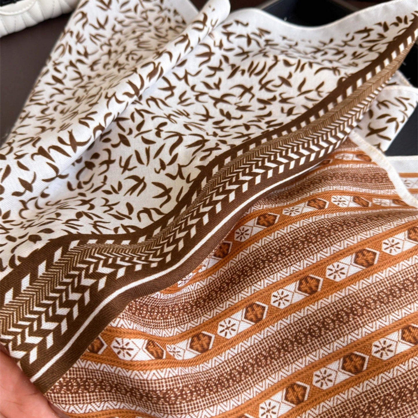 Geometric and Leaf Print Satin Square Scarf with Contrasting Patterns 27x27in