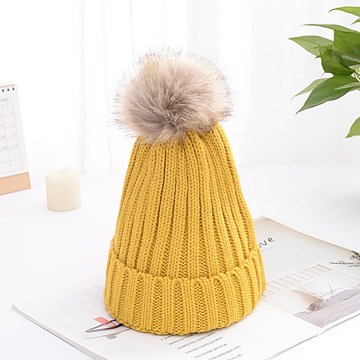 Cable Knit Beanie with Faux Fur Pom-Pom - Warm Stretchy Winter Hat for Casual Daily Wear