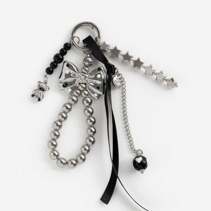 Bow Beaded Charm Keychain with Star Chain Teddy Bear Pendant Ribbon Tassel Bag Charm Key Ring Accessory