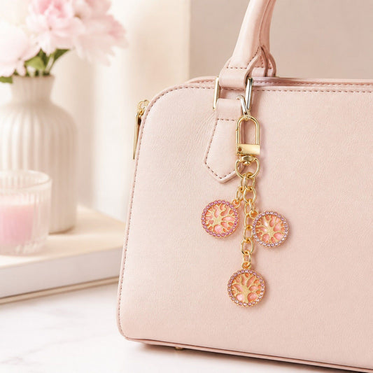 3pc Tree Medallion Keychain Bag Charm with Rhinestone Trim Gold Tone Chain and Clip