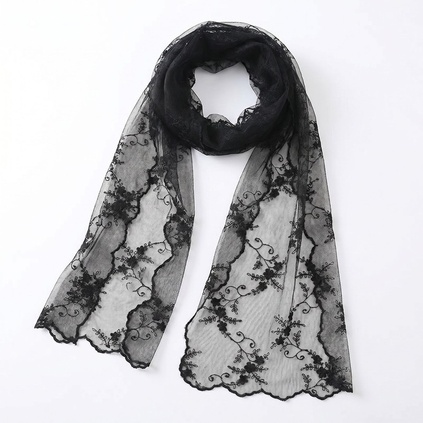 Sheer Embroidered Skinny Scarf with Floral Lace Trim and Long Neck Tie Design