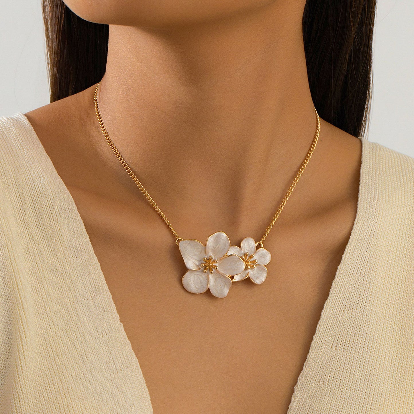 Women's Enamel Flower Pendant Necklace with Gold Chain
