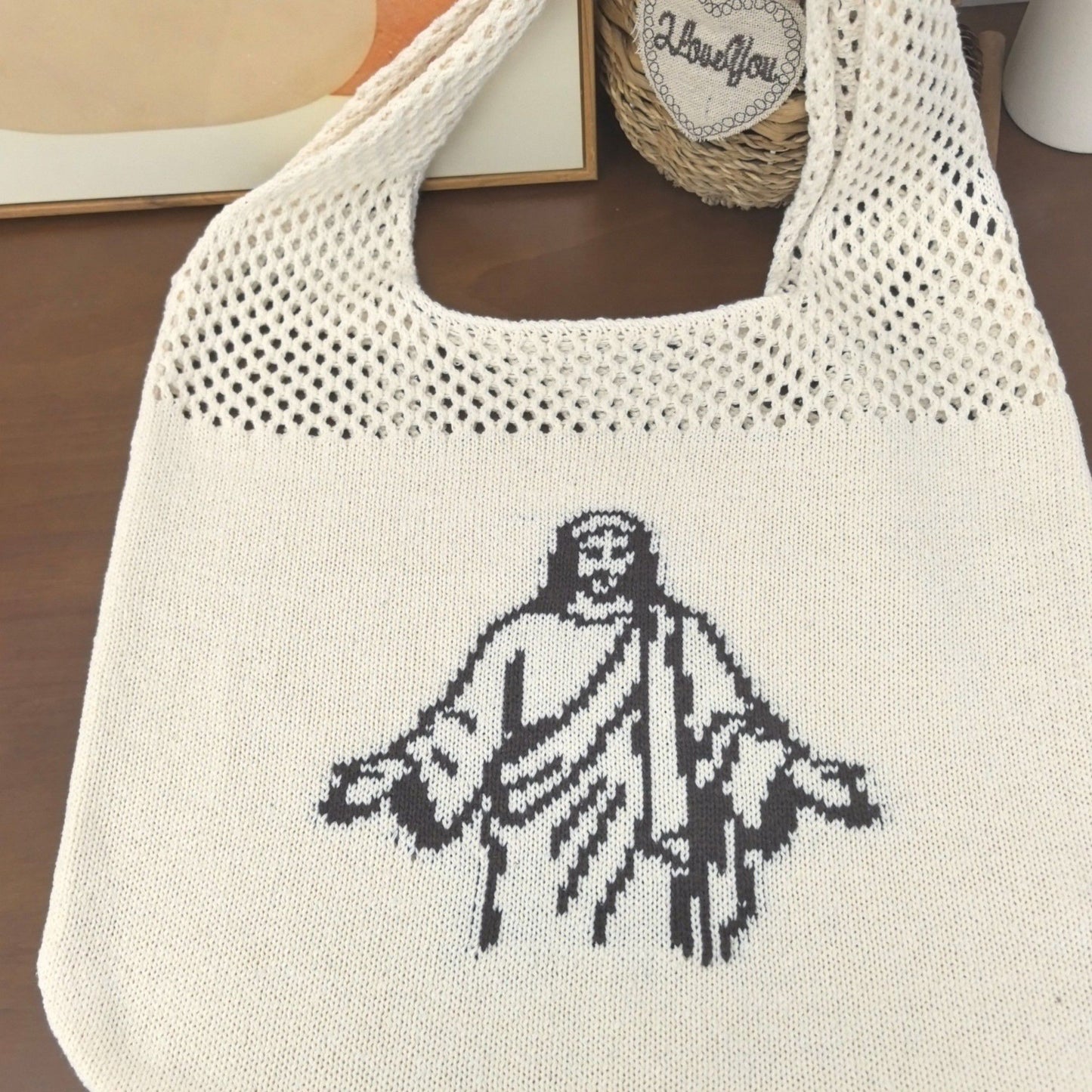 Knit Shoulder Bag with Open Mesh Detail Soft Slouchy Tote and Graphic Front Design for Casual Carry