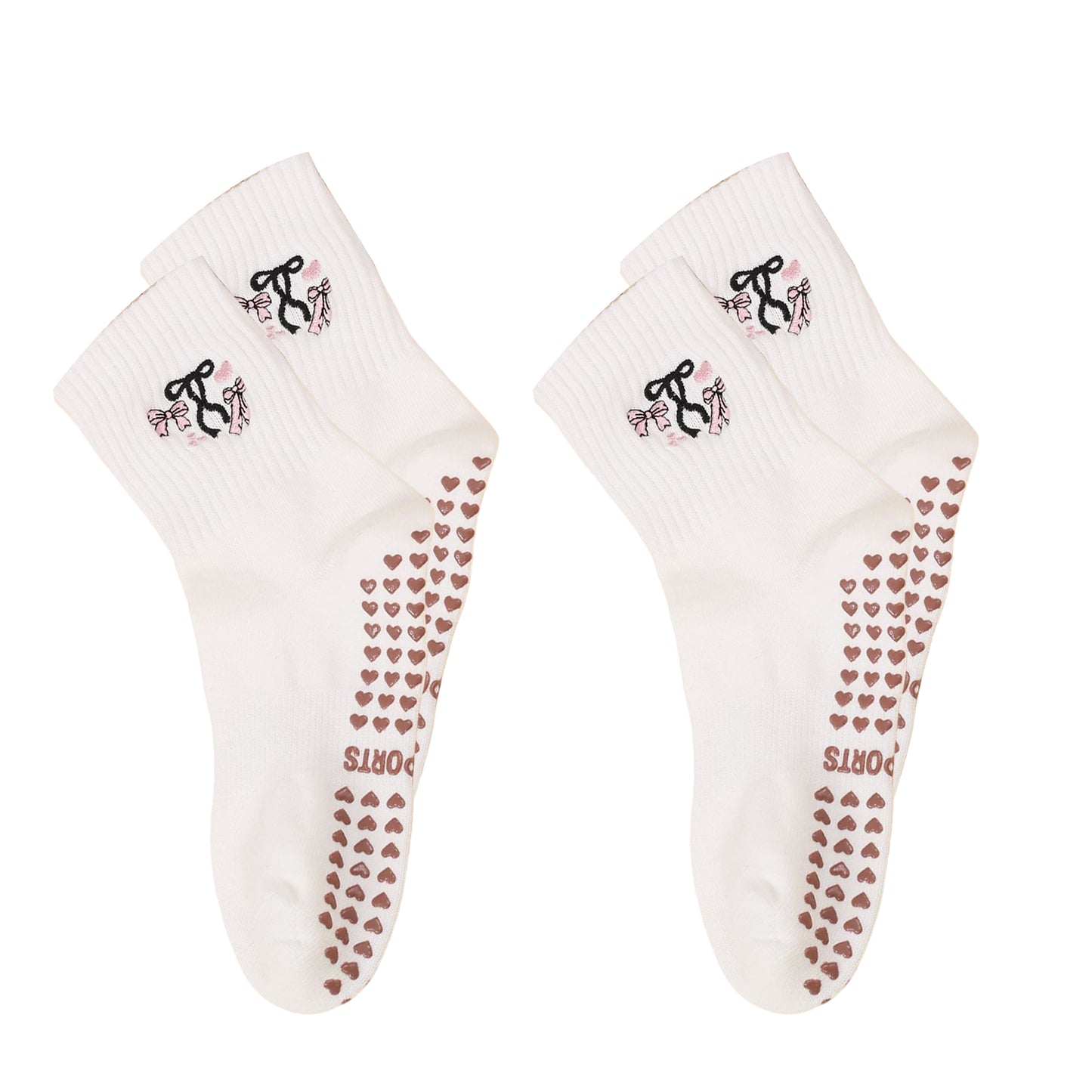 Non Slip Grip Yoga Socks Cute Embroidered Pilates Socks Crew Socks for Yoga Barre Dance 2 Pack