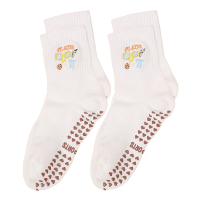 Non Slip Grip Yoga Socks Cute Embroidered Pilates Socks Crew Socks for Yoga Barre Dance 2 Pack