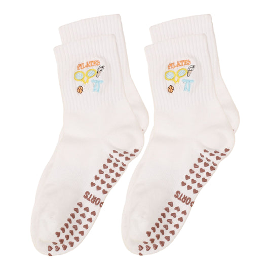 Non Slip Grip Yoga Socks Cute Embroidered Pilates Socks Crew Socks for Yoga Barre Dance 2 Pack