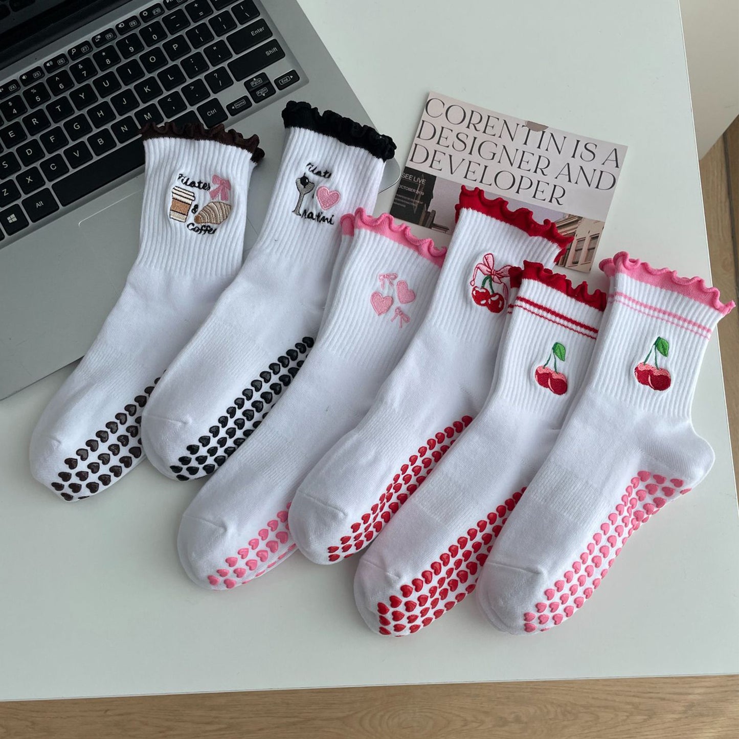 Non Slip Grip Yoga Socks Cute Embroidered Crew Socks Pilates Barre Socks Ruffle Trim Socks 3 Pack