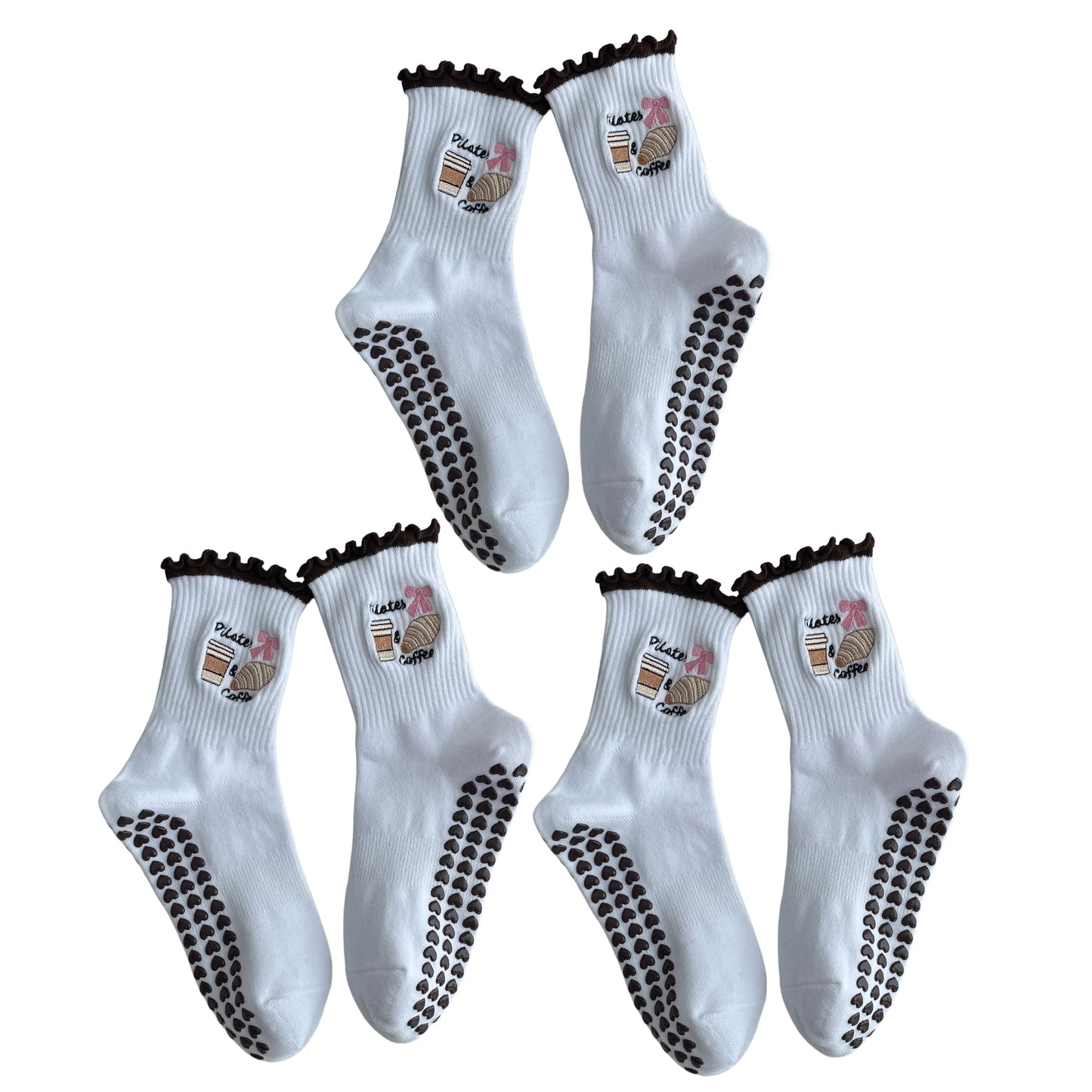 Non Slip Grip Yoga Socks Cute Embroidered Crew Socks Pilates Barre Socks Ruffle Trim Socks 3 Pack