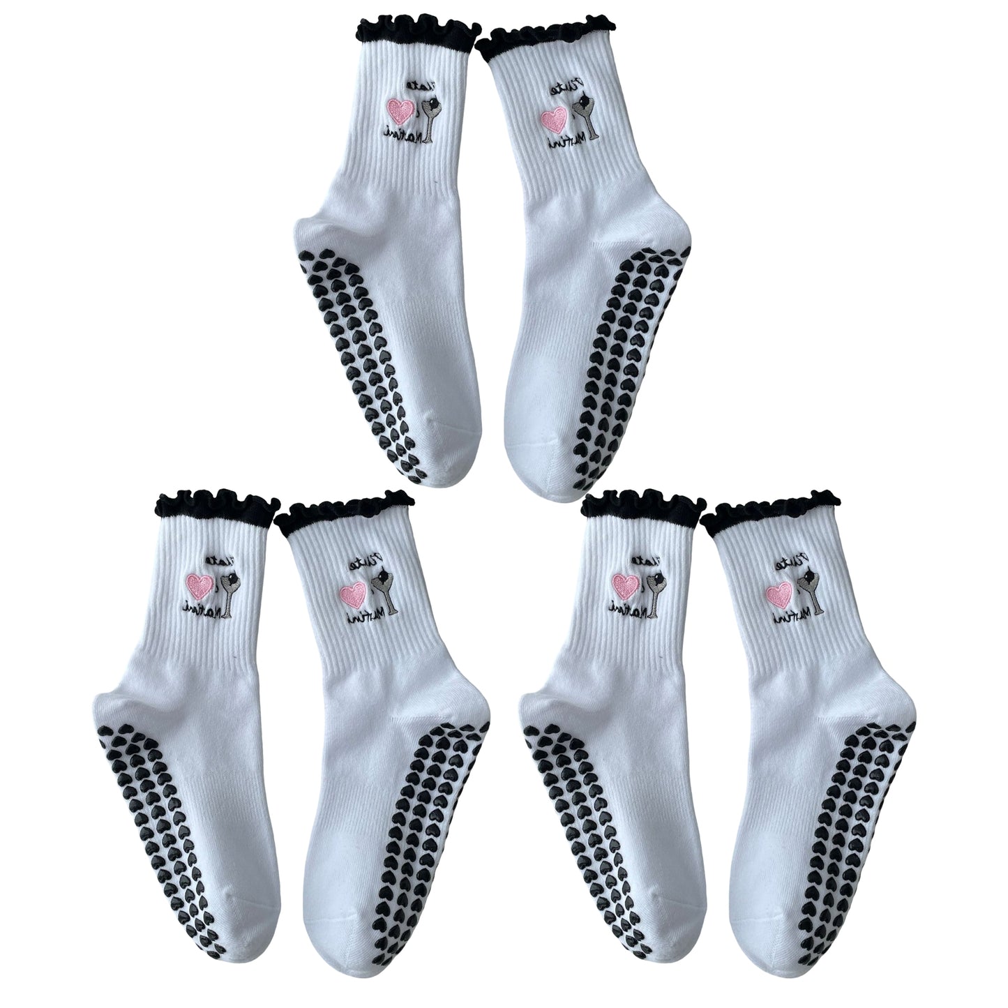 Non Slip Grip Yoga Socks Cute Embroidered Crew Socks Pilates Barre Socks Ruffle Trim Socks 3 Pack