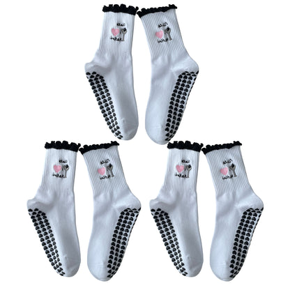 Non Slip Grip Yoga Socks Cute Embroidered Crew Socks Pilates Barre Socks Ruffle Trim Socks 3 Pack