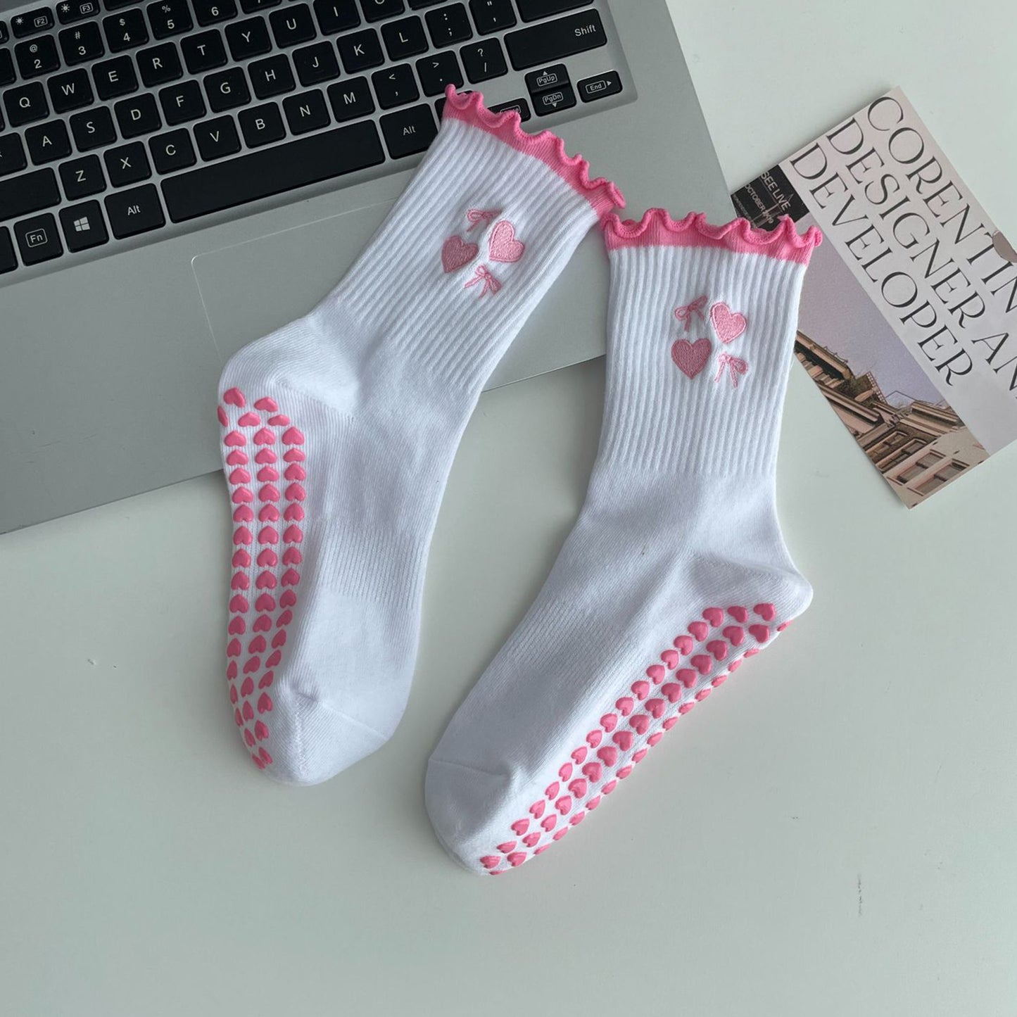 Non Slip Grip Yoga Socks Cute Embroidered Crew Socks Pilates Barre Socks Ruffle Trim Socks 3 Pack