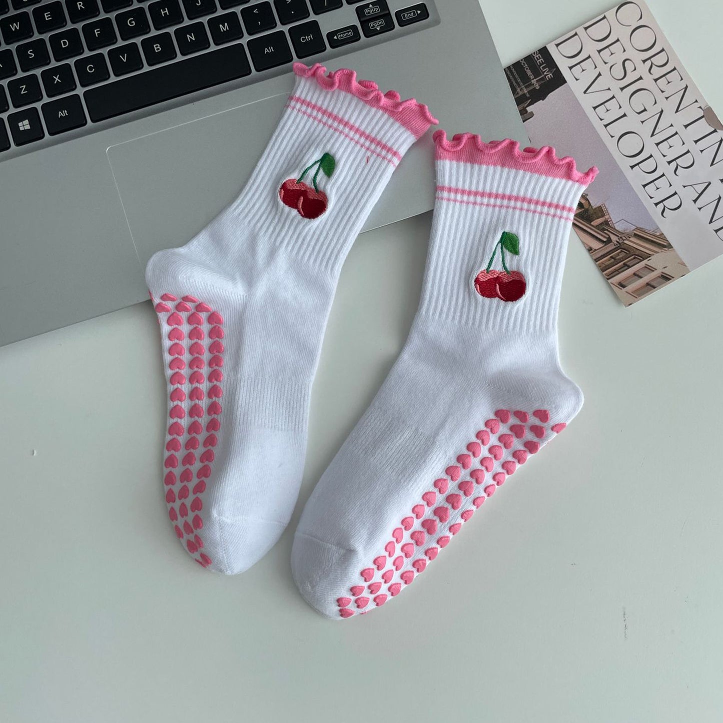 Non Slip Grip Yoga Socks Cute Embroidered Crew Socks Pilates Barre Socks Ruffle Trim Socks 3 Pack