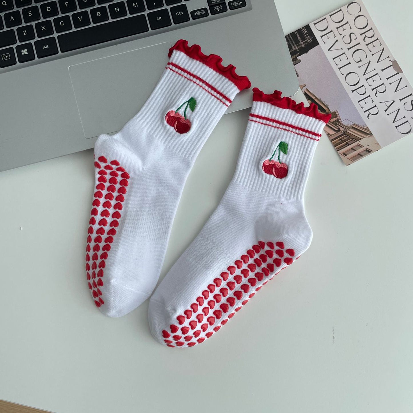 Non Slip Grip Yoga Socks Cute Embroidered Crew Socks Pilates Barre Socks Ruffle Trim Socks 3 Pack