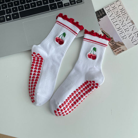 Non Slip Grip Yoga Socks Cute Embroidered Crew Socks Pilates Barre Socks Ruffle Trim Socks 3 Pack