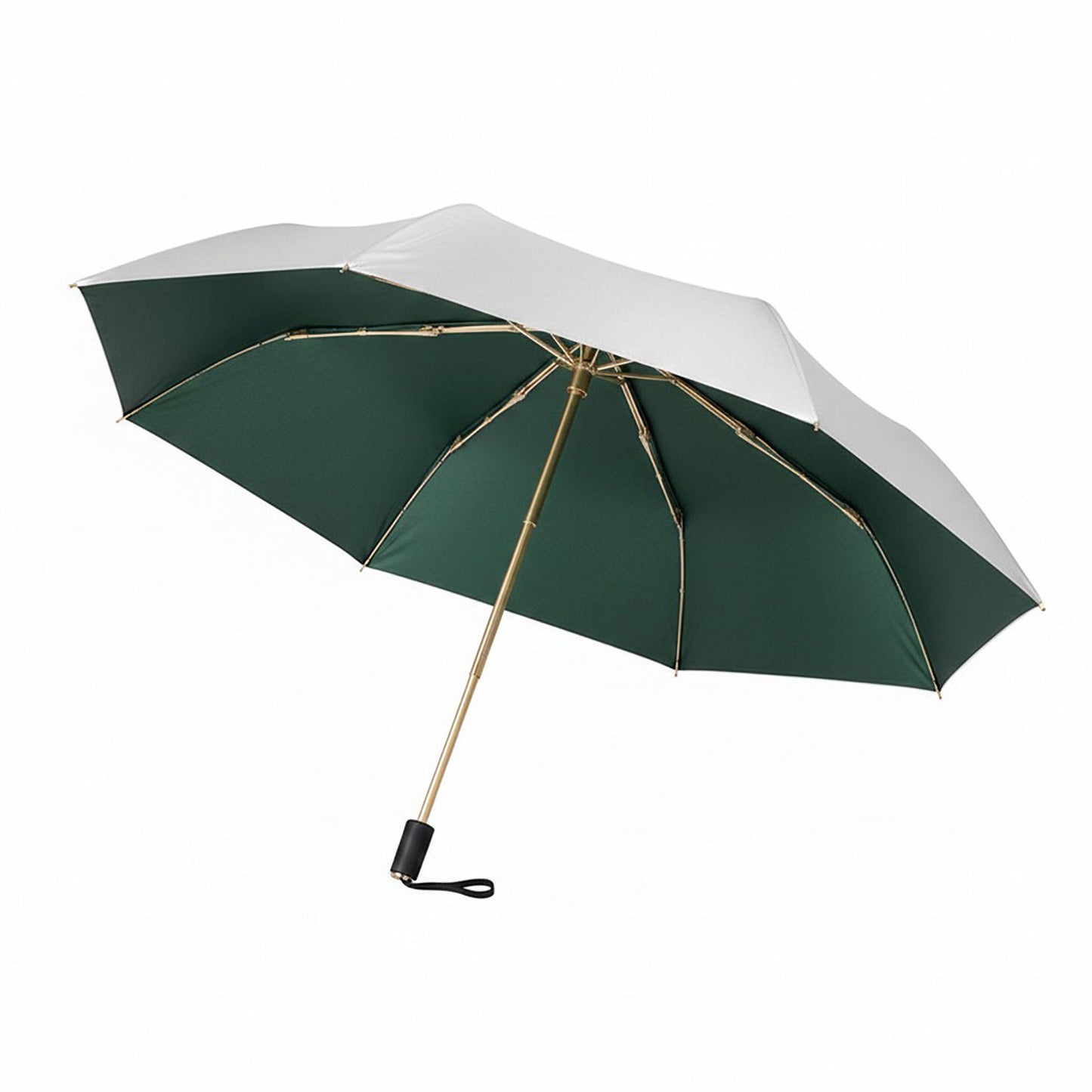 Compact Folding Umbrella with Two Tone Canopy Wind Resistant Frame and Wrist Strap Handle