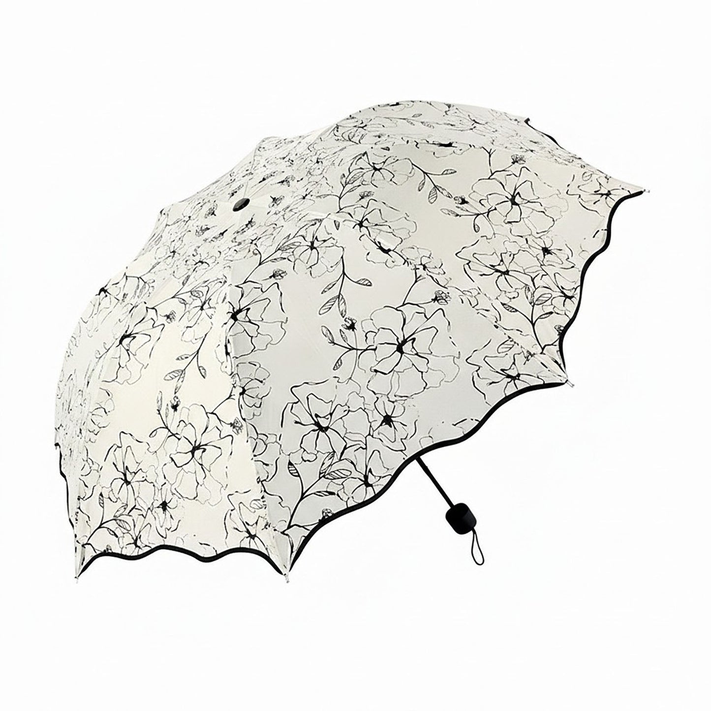 Floral Print Compact Umbrella with Scalloped Trim Canopy Automatic Open and Wind Resistant Frame