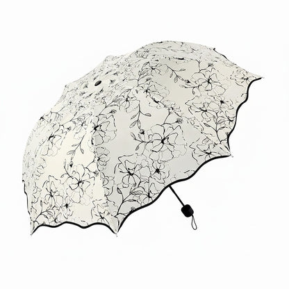 Floral Print Compact Umbrella with Scalloped Trim Canopy Automatic Open and Wind Resistant Frame